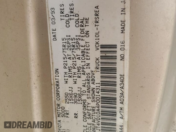 1993 Toyota T100 DX with VIN JT4VD10A4P0014311, listed as a Copart auction lot 79225964 with 155,134 mi miles and Salvage Title. Bid and sale history available at DreamBid. Image 12.