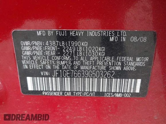 2009 Subaru WRX w/Premium Pkg z VIN JF1GE76639G503262, wystawiony jako IAAI lot #41900249 z przebiegiem 151 953 mil mil oraz . Historia ofert i sprzedaży dostępna na DreamBid. Obrazek 9.