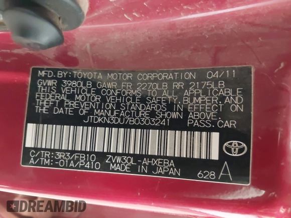 2011 Toyota Prius I with VIN JTDKN3DU7B0303241, listed as a IAAI auction lot 42207333 with 156,080 mi miles and . Bid and sale history available at DreamBid. Image 9.