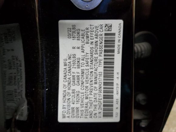2022 Honda Civic Sedan Touring with VIN 2HGFE1F96NH317163, listed as a Copart auction lot 89190845 with 51,090 mi miles and Salvage Title. Bid and sale history available at carsss.com. Image 13.