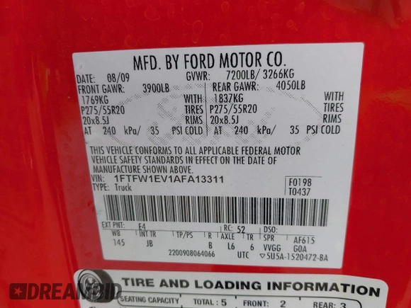 2010 Ford F-150 XL with VIN 1FTFW1EV1AFA13311, listed as a IAAI auction lot 42055204 with 165,845 mi miles. Bid and sale history available at carsss.com. Image 9.