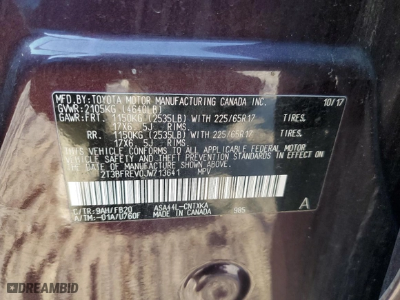 2018 Toyota RAV4 LE with VIN 2T3BFREV0JW713641, listed as a Copart auction lot 52812005 with 58,617 mi miles and Salvage Title. Bid and sale history available at carsss.com. Image 13.
