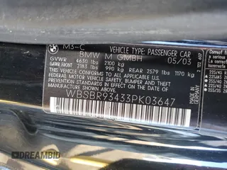 2003 BMW 3 Series M3 with VIN WBSBR93433PK03647, listed as a Copart auction lot 74346814 with 204,620 mi miles and Salvage Title. Bid and sale history available at carsss.com. Image 12.