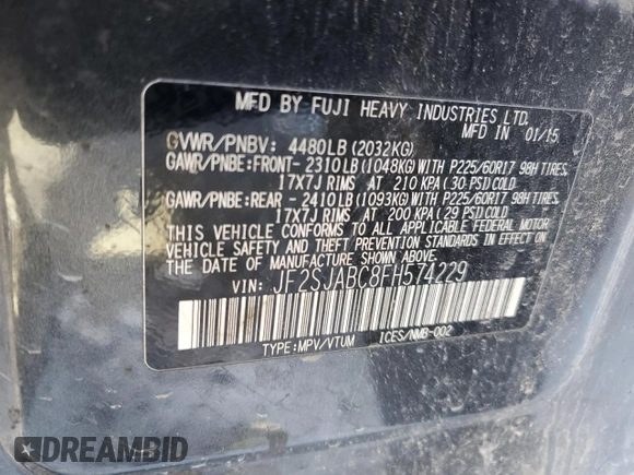 2015 Subaru Forester 2.5i with VIN JF2SJABC8FH574229, listed as a Copart auction lot 44624595 with 246,922 mi miles and Salvage title. Bid and sale history available at DreamBid. Image 12.