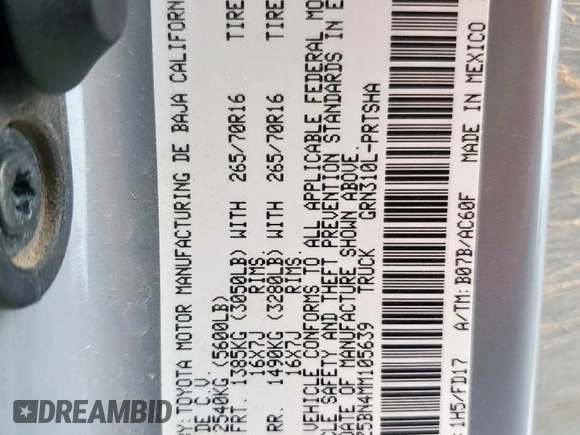2021 Toyota Tacoma SR5 with VIN 3TMDZ5BN4MM105639, listed as a Copart auction lot 56948395 with Not provided miles and Salvage title. Bid and sale history available at DreamBid. Image 12.