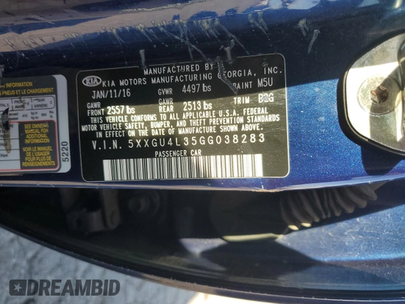 2016 Kia Optima EX with VIN 5XXGU4L35GG038283, listed as a Copart auction lot 52595715 with 154,131 mi miles and Clean Title. Bid and sale history available at carsss.com. Image 12.
