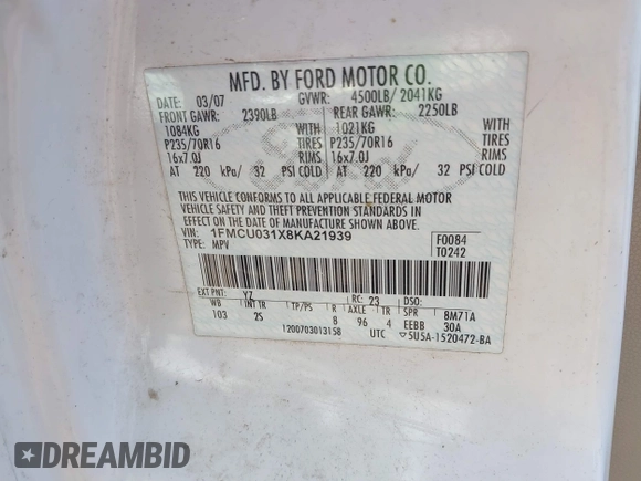 2008 Ford Escape XLT with VIN 1FMCU031X8KA21939, listed as a IAAI auction lot 42669960 with 269,816 mi miles and . Bid and sale history available at DreamBid. Image 9.