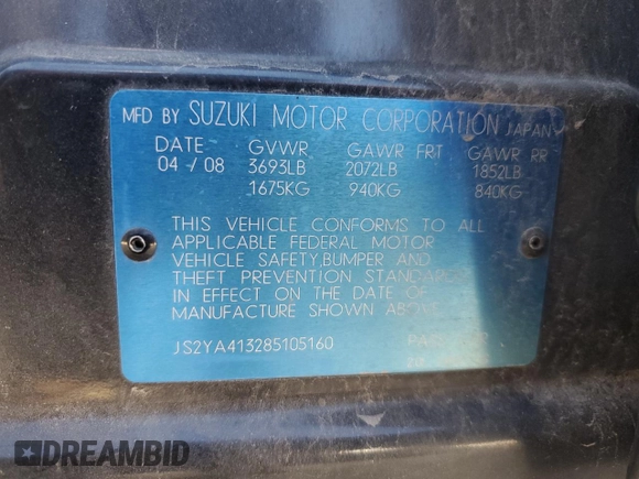 2008 Suzuki SX4 Regional Edition with VIN JS2YA413285105160, listed as a Copart auction lot 84409534 with 93,581 mi miles and Salvage Title. Bid and sale history available at DreamBid. Image 12.
