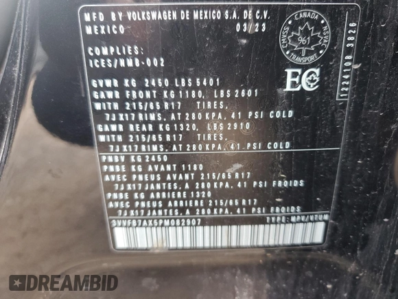 2023 Volkswagen Tiguan S with VIN 3VVFB7AX5PM082907, listed as a Copart auction lot 63643445 with 36,521 mi miles and Salvage title. Bid and sale history available at DreamBid. Image 12.