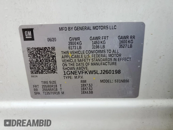 2020 Chevrolet Traverse LS with VIN 1GNEVFKW5LJ260198, listed as a Copart auction lot 65166815 with 76,553 mi miles and Clean title. Bid and sale history available at DreamBid. Image 14.