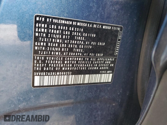 2020 Volkswagen Tiguan S with VIN 3VV0B7AX6LM066232, listed as a Copart auction lot 44961755 with 39,770 mi miles and Salvage title. Bid and sale history available at DreamBid. Image 15.
