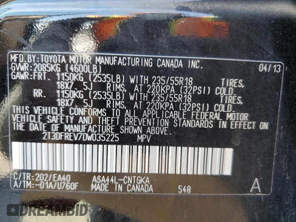 2013 Toyota RAV4 Limited with VIN 2T3DFREV7DW035225, listed as a Copart auction lot 64301265 with 136,071 mi miles and Salvage title. Bid and sale history available at DreamBid. Image 13.