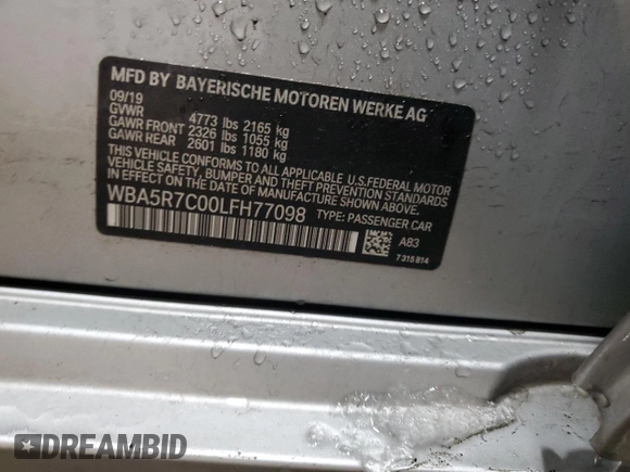 2020 BMW 3 Series 330i xDrive with VIN WBA5R7C00LFH77098, listed as a Copart auction lot 44595615 with 84,446 mi miles and Salvage Title. Bid and sale history available at DreamBid. Image 12.