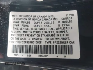 2019 Honda Civic Sport with VIN 2HGFC2F86KH515658, listed as a IAAI auction lot 41632690 with 109,866 mi miles and . Bid and sale history available at DreamBid. Image 9.