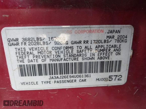 2004 Mitsubishi Lancer ES z VIN JA3AJ26E94U061361, wystawiony jako IAAI lot #42504174 z przebiegiem 204 127 mil mil oraz . Historia ofert i sprzedaży dostępna na DreamBid. Obrazek 9.
