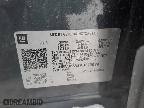2019 Chevrolet Traverse RS with VIN 1GNEVJKW3KJ270939, listed as a Copart auction lot 43918535 with 104,415 mi miles and Salvage Title. Bid and sale history available at carsss.com. Image 13.