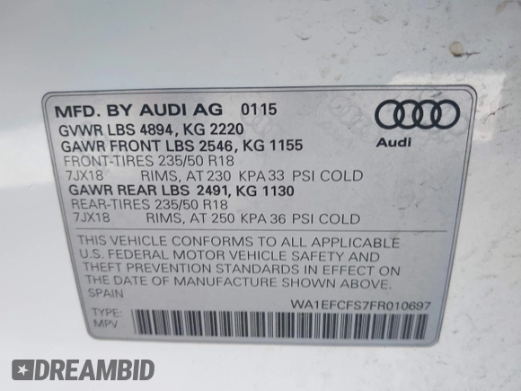 2015 Audi Q3 Premium Plus with VIN WA1EFCFS7FR010697, listed as a IAAI auction lot 41948566 with 167,001 mi miles and . Bid and sale history available at DreamBid. Image 9.