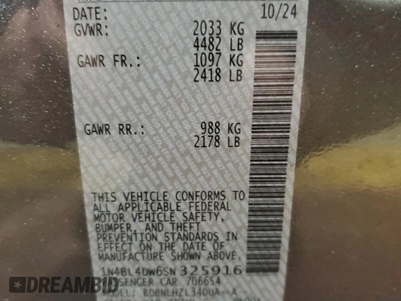 2025 Nissan Altima SV with VIN 1N4BL4DW6SN325916, listed as a Copart auction lot 43332525 with 6,910 mi miles and Salvage Title. Bid and sale history available at DreamBid. Image 12.