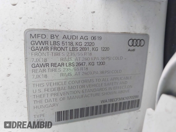 2019 Audi Q3 Premium Plus with VIN WA1BECF31K1070286, listed as a IAAI auction lot 42688823 with 51,392 mi miles and . Bid and sale history available at DreamBid. Image 9.