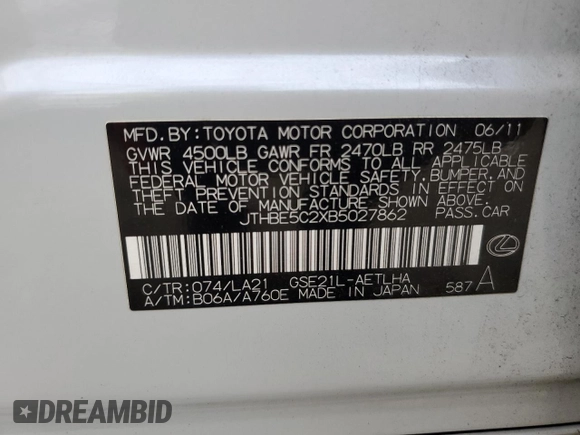 2011 Lexus IS 350 with VIN JTHBE5C2XB5027862, listed as a Copart auction lot 79698834 with 141,462 mi miles and Salvage Title. Bid and sale history available at carsss.com. Image 12.