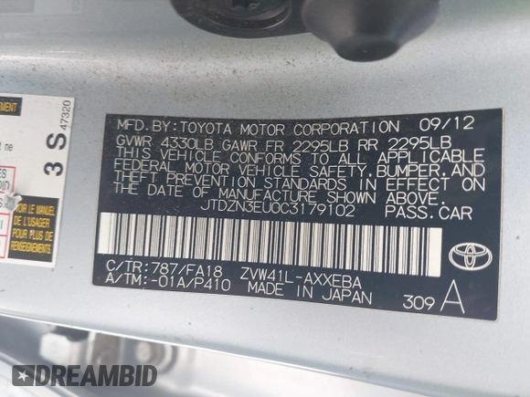 2012 Toyota Prius Two with VIN JTDZN3EU0C3179102, listed as a IAAI auction lot 42248858 with 150,507 mi miles and . Bid and sale history available at DreamBid. Image 9.