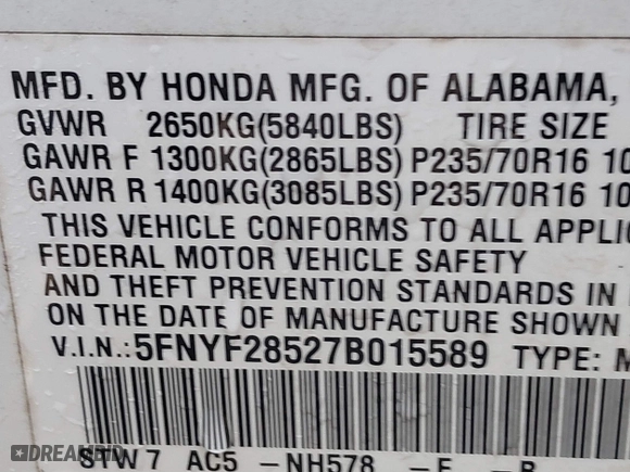 2007 Honda Pilot EX-L with VIN 5FNYF28527B015589, listed as a IAAI auction lot 41113153 with 352,772 mi miles. Bid and sale history available at carsss.com. Image 9.