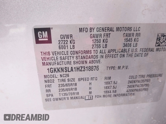 2017 GMC Acadia SLE with VIN 1GKKNSLA1HZ318876, listed as a IAAI auction lot 41521454 with 97,053 mi miles. Bid and sale history available at carsss.com. Image 9.