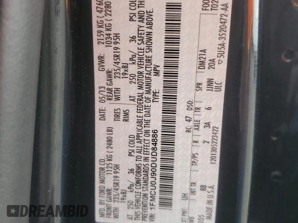 2013 Ford Escape Titanium with VIN 1FMCU0J90DUD84886, listed as a Copart auction lot 57292254 with 158,149 mi miles and Non repairable. Bid and sale history available at DreamBid. Image 15.