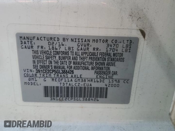 2016 Nissan Note S with VIN 3N1CE2CP5GL388426, listed as a Copart auction lot 62120595 with 133,203 mi miles and Clean title. Bid and sale history available at DreamBid. Image 13.