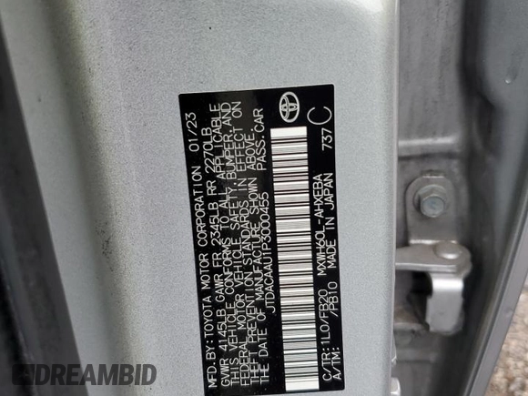 2023 Toyota Prius LE z VIN JTDACAAU1P3000455, wystawiony jako Copart lot #58039065 z przebiegiem 30 001 mil mil oraz Nie do naprawy • Non repairable. Historia ofert i sprzedaży dostępna na DreamBid. Obrazek 12.