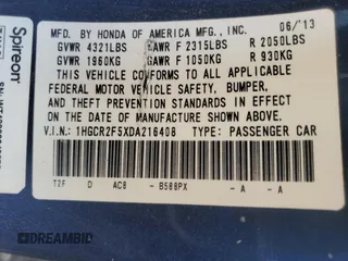 2013 Honda Accord Sport with VIN 1HGCR2F5XDA216408, listed as a Copart auction lot 54956235 with 151,112 mi miles and Salvage Title. Bid and sale history available at DreamBid. Image 13.