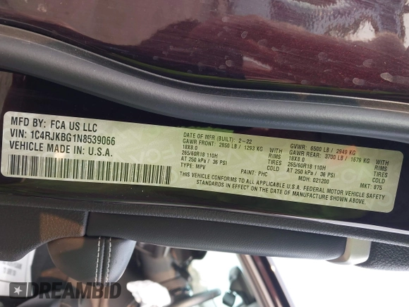 2022 Jeep Grand Cherokee Limited with VIN 1C4RJKBG1N8539066, listed as a IAAI auction lot 42404686 with 32,764 mi miles and . Bid and sale history available at DreamBid. Image 9.