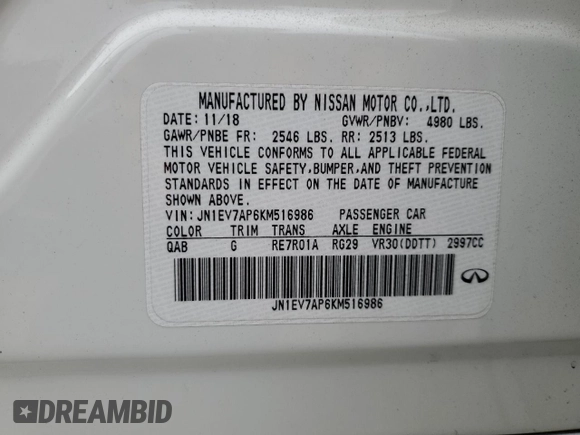2019 Infiniti Q50 Luxe with VIN JN1EV7AP6KM516986, listed as a Copart auction lot 53080575 with Not provided miles and Salvage title. Bid and sale history available at DreamBid. Image 12.