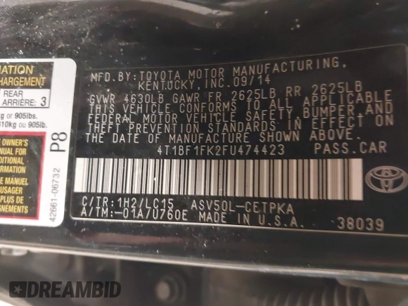 2015 Toyota Camry XLE with VIN 4T1BF1FK2FU474423, listed as a IAAI auction lot 41811299 with 154,622 mi miles and . Bid and sale history available at DreamBid. Image 9.