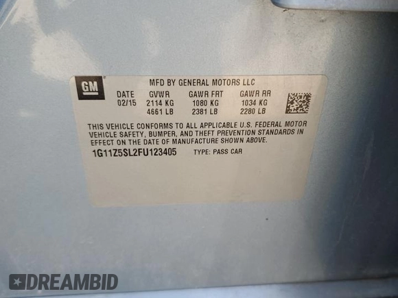 2015 Chevrolet Impala LS with VIN 1G11Z5SL2FU123405, listed as a Copart auction lot 50197535 with 127,383 mi miles and Salvage Title. Bid and sale history available at DreamBid. Image 14.