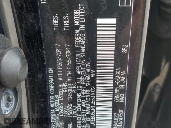 2018 Toyota 4Runner SR5 z VIN JTEBU5JR1J5531022, wystawiony jako Copart lot #57049625 z przebiegiem Nie podano mil oraz Szkoda całkowita • Salvage title. Historia ofert i sprzedaży dostępna na DreamBid. Obrazek 13.