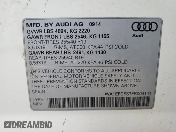 2015 Audi Q3 Premium Plus with VIN WA1EFCFS7FR004141, listed as a Copart auction lot 53737925 with 97,568 mi miles and Clean title. Bid and sale history available at DreamBid. Image 13.