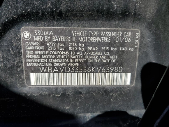 2006 BMW 3 Series 330xi with VIN WBAVD33556KV63980, listed as a Copart auction lot 46863195 with 207,042 mi miles and Clean Title. Bid and sale history available at carsss.com. Image 12.