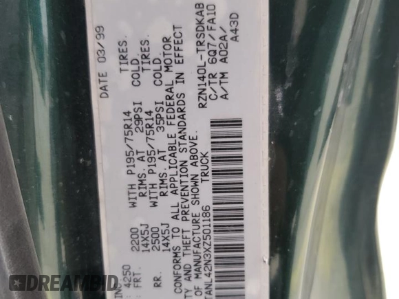 1999 Toyota Tacoma z VIN 4TANL42N3XZ501186, wystawiony jako Copart lot #50843715 z przebiegiem 323 347 mil mil oraz Nie do naprawy • Non repairable. Historia ofert i sprzedaży dostępna na DreamBid. Obrazek 12.