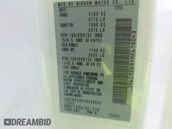2017 Nissan NV200 SV with VIN 3N6CM0KN4HK698043, listed as a IAAI auction lot 41409055 with 31,516 mi miles and . Bid and sale history available at DreamBid. Image 4.