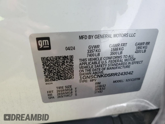 2024 Chevrolet Tahoe LT with VIN 1GNSCNKD5RR243042, listed as a Copart auction lot 58162065 with 37,832 mi miles and Clean title. Bid and sale history available at DreamBid. Image 14.