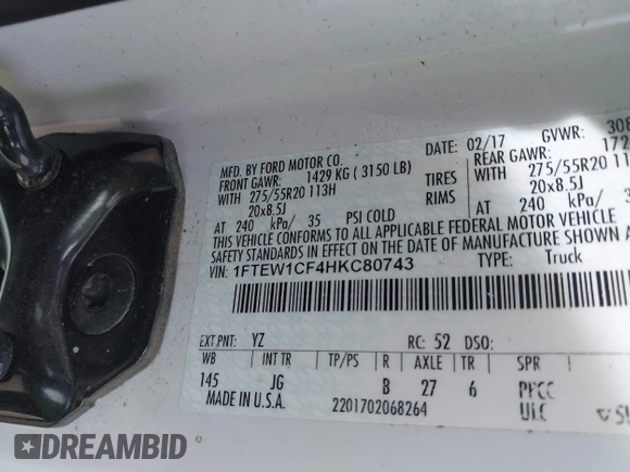 2017 Ford F-150 XL with VIN 1FTEW1CF4HKC80743, listed as a IAAI auction lot 41728068 with 100,094 mi miles. Bid and sale history available at carsss.com. Image 9.