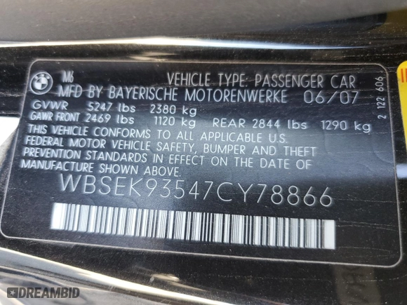 2007 BMW 6 Series M6 with VIN WBSEK93547CY78866, listed as a Copart auction lot 78612424 with 79,740 mi miles and Salvage Title. Bid and sale history available at carsss.com. Image 12.