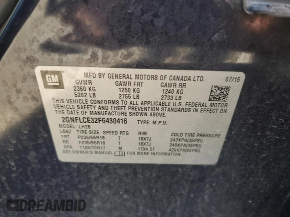 2015 Chevrolet Equinox LT with VIN 2GNFLCE32F6430416, listed as a Copart auction lot 56615234 with 111,641 mi miles and Clean Title. Bid and sale history available at carsss.com. Image 14.