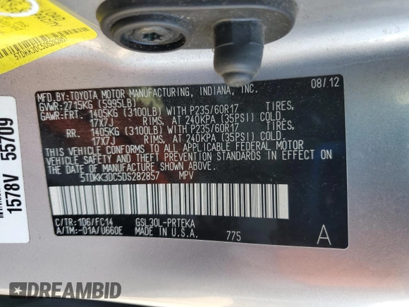 2013 Toyota Sienna LE AAS z VIN 5TDKK3DC5DS282857, wystawiony jako Copart lot #57984075 z przebiegiem 148 876 mil mil oraz Szkoda całkowita • Salvage title. Historia ofert i sprzedaży dostępna na DreamBid. Obrazek 13.