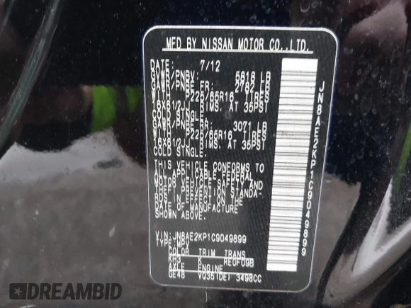 2012 Nissan Quest S z VIN JN8AE2KP1C9049899, wystawiony jako IAAI lot #41507440 z przebiegiem 166 609 mil mil oraz . Historia ofert i sprzedaży dostępna na DreamBid. Obrazek 9.
