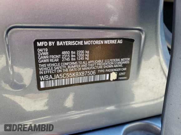 2019 BMW 5 Series 530i with VIN WBAJA5C55KBX87506, listed as a Copart auction lot 67528774 with Not provided miles and Salvage title. Bid and sale history available at DreamBid. Image 13.