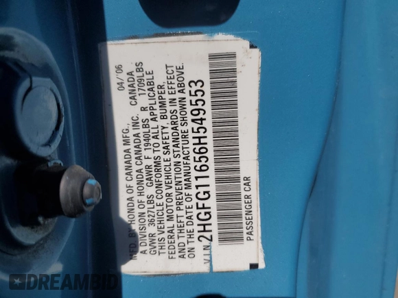 2006 Honda Civic Cpe LX with VIN 2HGFG11656H549553, listed as a Copart auction lot 47581865 with 0 mi miles and Salvage Title. Bid and sale history available at carsss.com. Image 13.