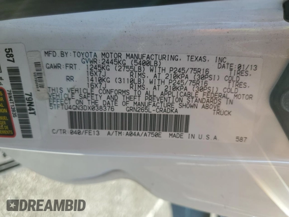 2013 Toyota Tacoma PreRunner with VIN 5TFTU4GN3DX038376, listed as a Copart auction lot 85600734 with 153,384 mi miles and Salvage Title. Bid and sale history available at carsss.com. Image 12.