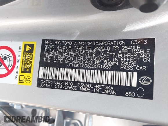 2013 Lexus ES 250 with VIN JTHBK1GG6D2051667, listed as a IAAI auction lot 41992142 with 103,876 mi miles and . Bid and sale history available at DreamBid. Image 9.